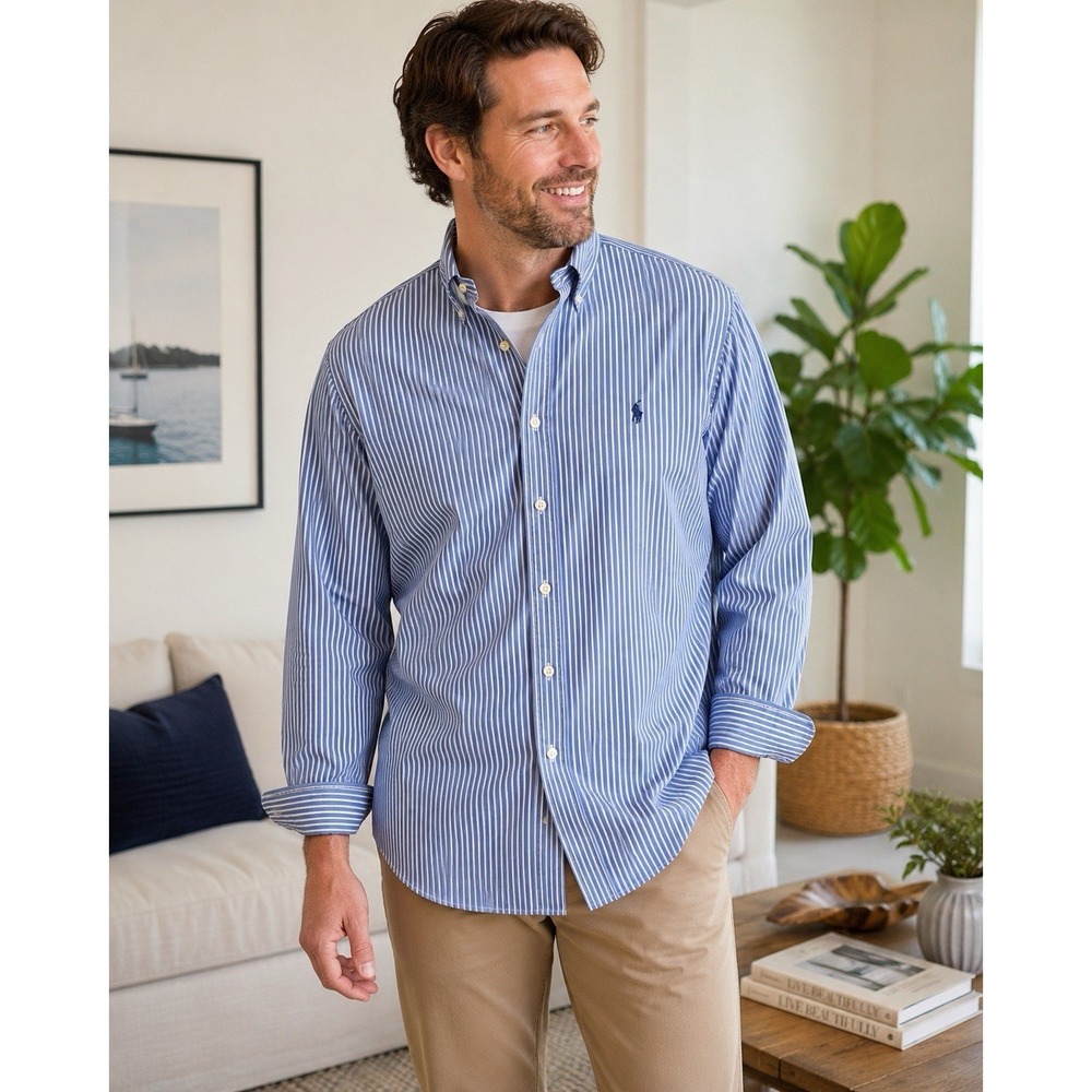 Ralph Lauren Classic Fit Blue White‎ Stripe Button Down Oxford Shirt XL 17.5.